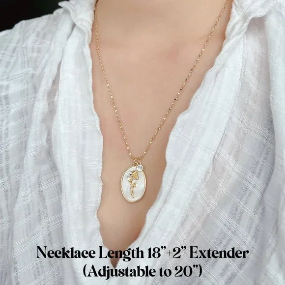 New Birth Flower Necklace with Birthstone Gold Necklace, Mother of Pearl Pendant - Picture 2 of 7